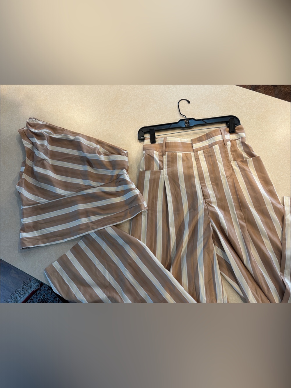 Cider Striped ladies Wide-Leg Pantsuit and one shoulder blouse in butter and Tan